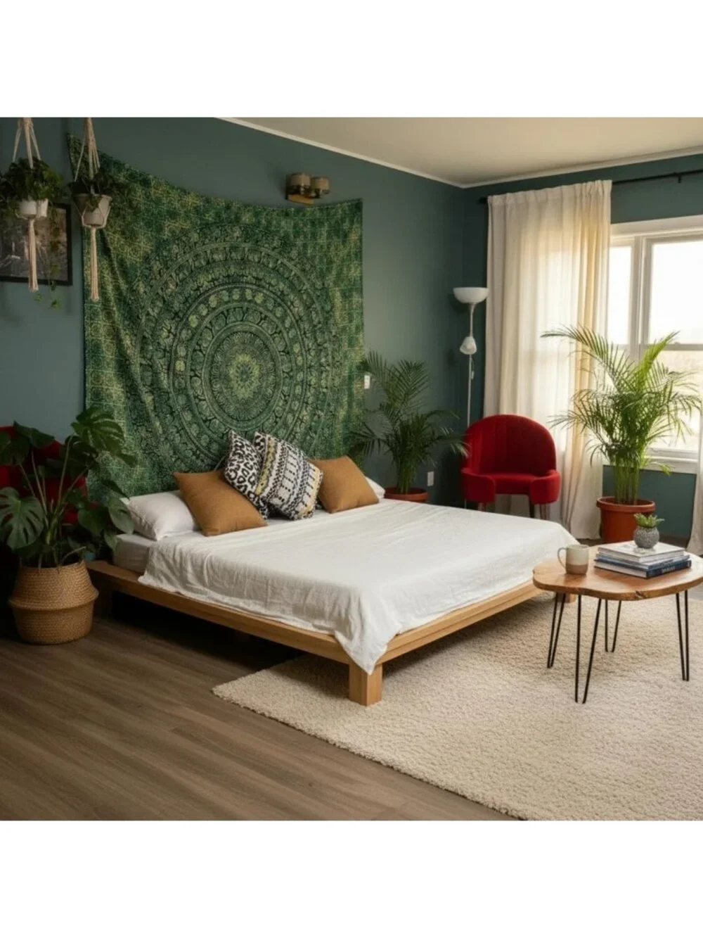 Aesthetic Boho Mandala Wall Tapestry - Indian Cotton Green Decor for Living Room
